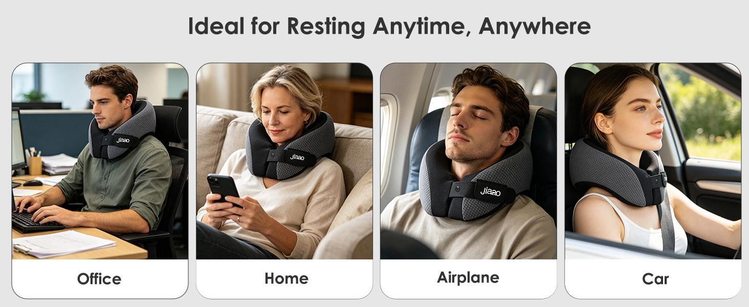 JIAAO Travel Pillow for Airplane, Memory Foam Neck Pillow with 3D Eye Mask & Earplugs, Adjustable Travel Neck Pillow with Portable Bag for Long Flights