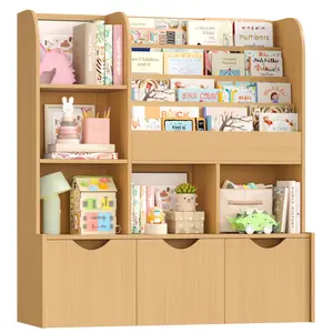 FOTOSOK 47'' Kids Bookshelf with Toy Storage, Multifunctional Bookcase with 5 Storage Cubbies and 3 Movable Drawers, Toy Storager Display Stand, Toy Organizer and Storage for Playroom,Bedroom, Natural