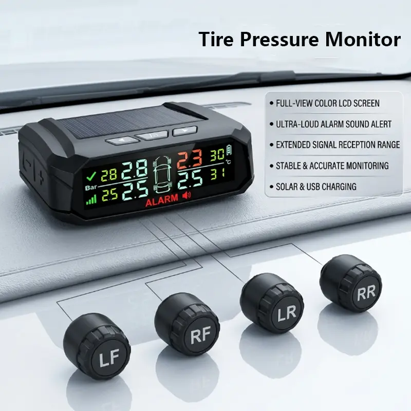 Tire Pressure Monitoring System (TPMS) with solar and USB charging, 5 alert modes, real-time pressure and temperature monitoring, automatic operation, and color display; suitable for four-wheeled vehicles relearn tool super gl50448