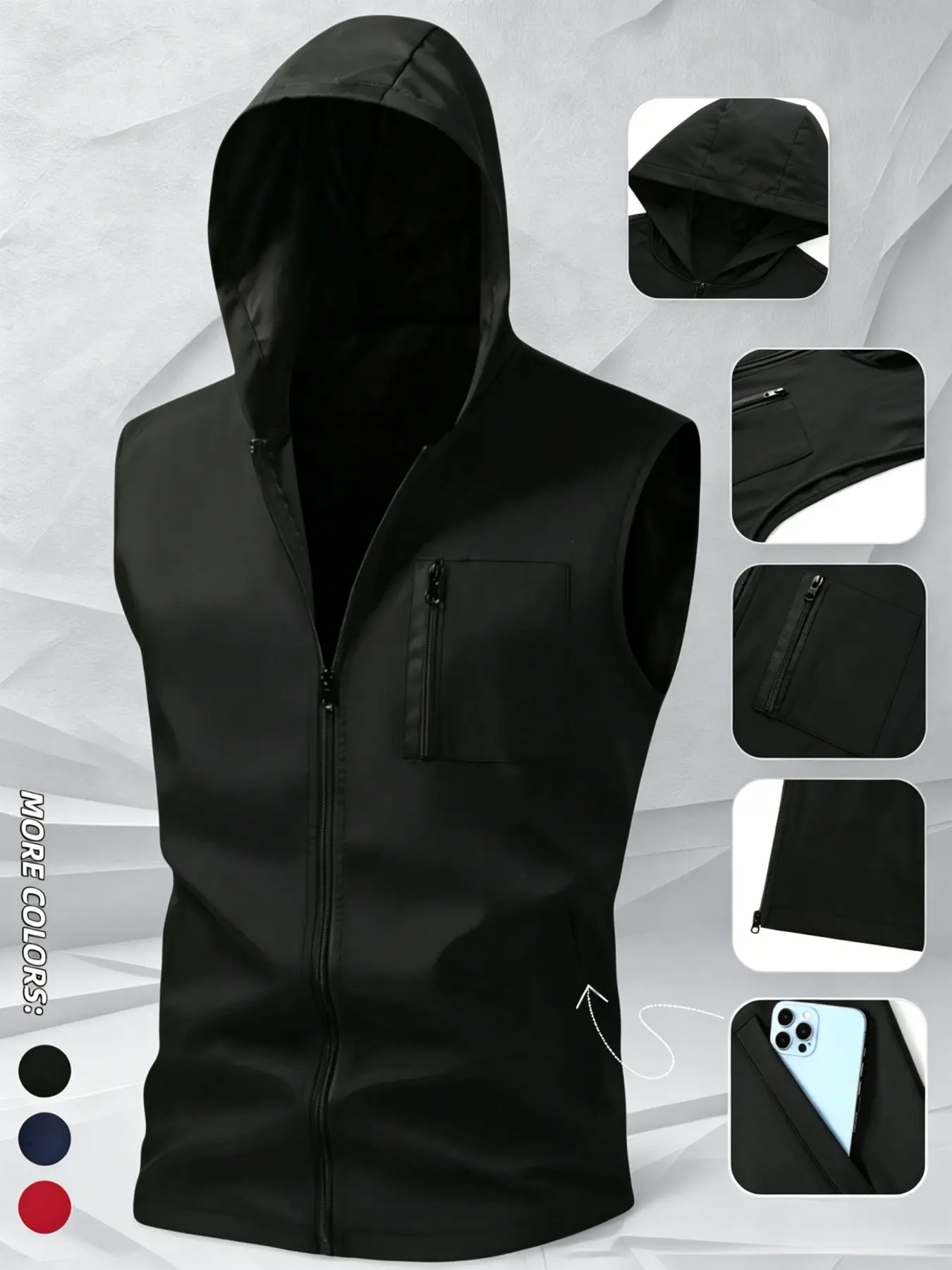 Men's Lightweight Breathable Windbreaker Vest, Activewear Outdoor Sports Casual Chest Pocket Zipper Hooded Jacket, Foldable Thin Fishing Vest