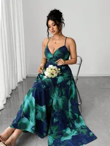 Plus Size Women's Dark Gradient Floral Strapless Long Dress, Knot Deep V Slit Dress, Summer Sexy Vacation Wear