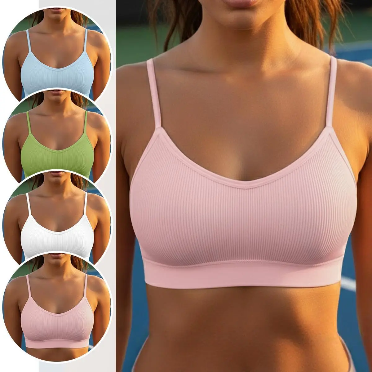 Morelect Women’s 4‑Pack Slim Fit Camisole Tops, Thin Spaghetti Straps, Open Back Design, Soft Built‑In Bust Support, Lightweight Athletic Tank Tops for Gym, Daily Athleisure Wear