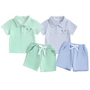 Toddler Baby Boy Golf Striped Outfit Short Sleeve Button Down Polo T Shirt Tops Elastic Waist Shorts Set Summer Spring Summer Clothes
