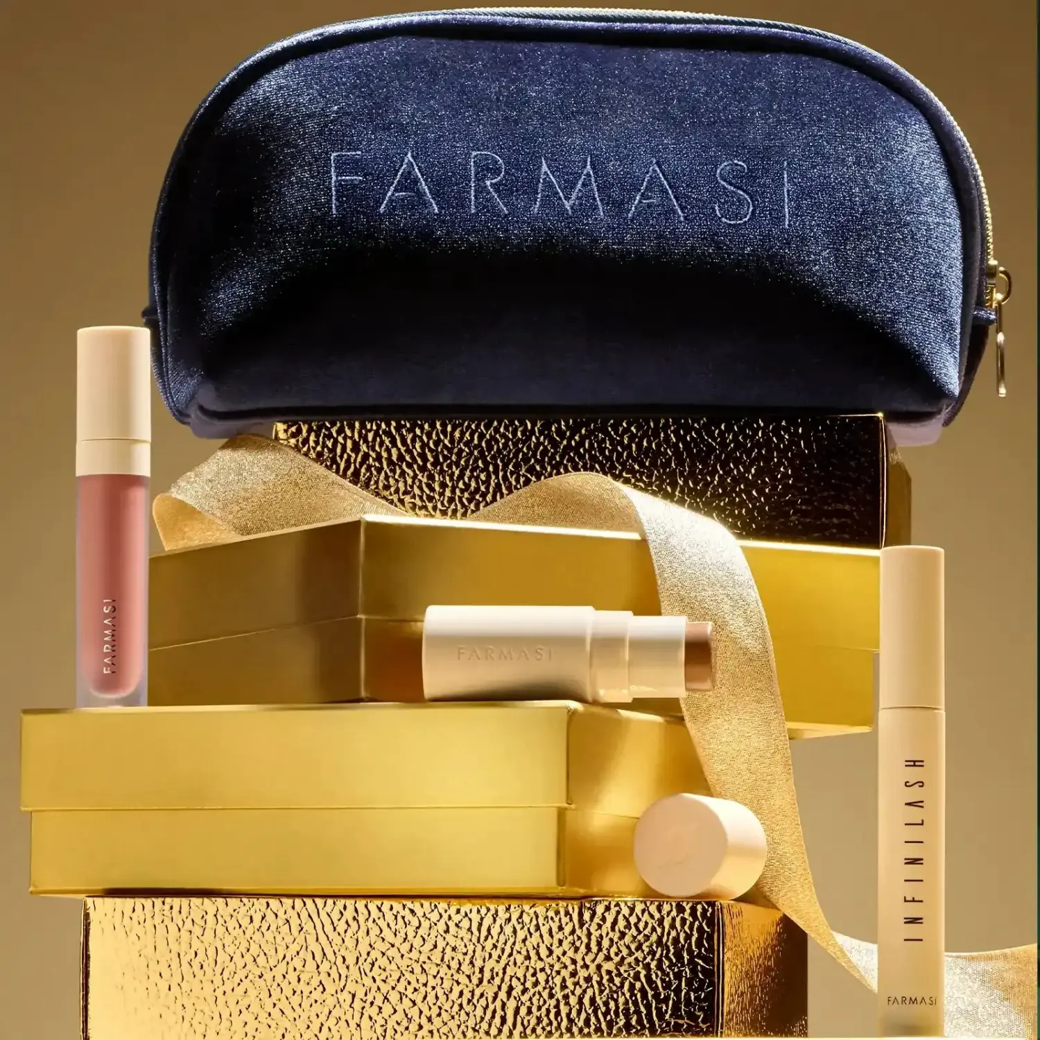 FARMASI Midnight Glam 3-Piece Makeup Set for Women, Long-Lasting Kit with Lengthening Mascara, Latina Lip Lacquer & Stick Bronzer in Velvet Pouch, Cosmetic Kit, Easy Blend Stick Bronzer, Long-Lasting Glam, Swipe Apply, Colored Makeup Sets, Combo Kit Makeu
