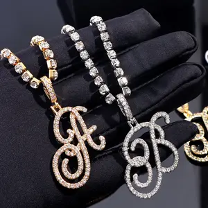 New good Quality A-Z Cursive Letter Shiny Rhinestone Chain Necklace For Women Bling Iced Out Initial Pendant Necklace Hip Hop Jewelry For Women Girlfriend Gift