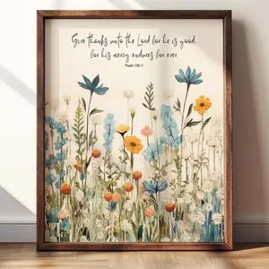 Christian Wall Art – Wildflower Art Print with Psalm 136:1, “Give Thanks to the Lord, His Mercy Endures Forever,” Room Decor, Unframed