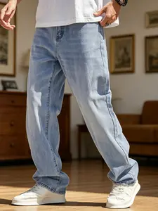 Men's Casual Loose Relaxed Fit Straight Leg Classic Denim Jeans, Vintage Wash Design Long Trousers, Perfect for Daily Commute Streetwear Campus Fashion