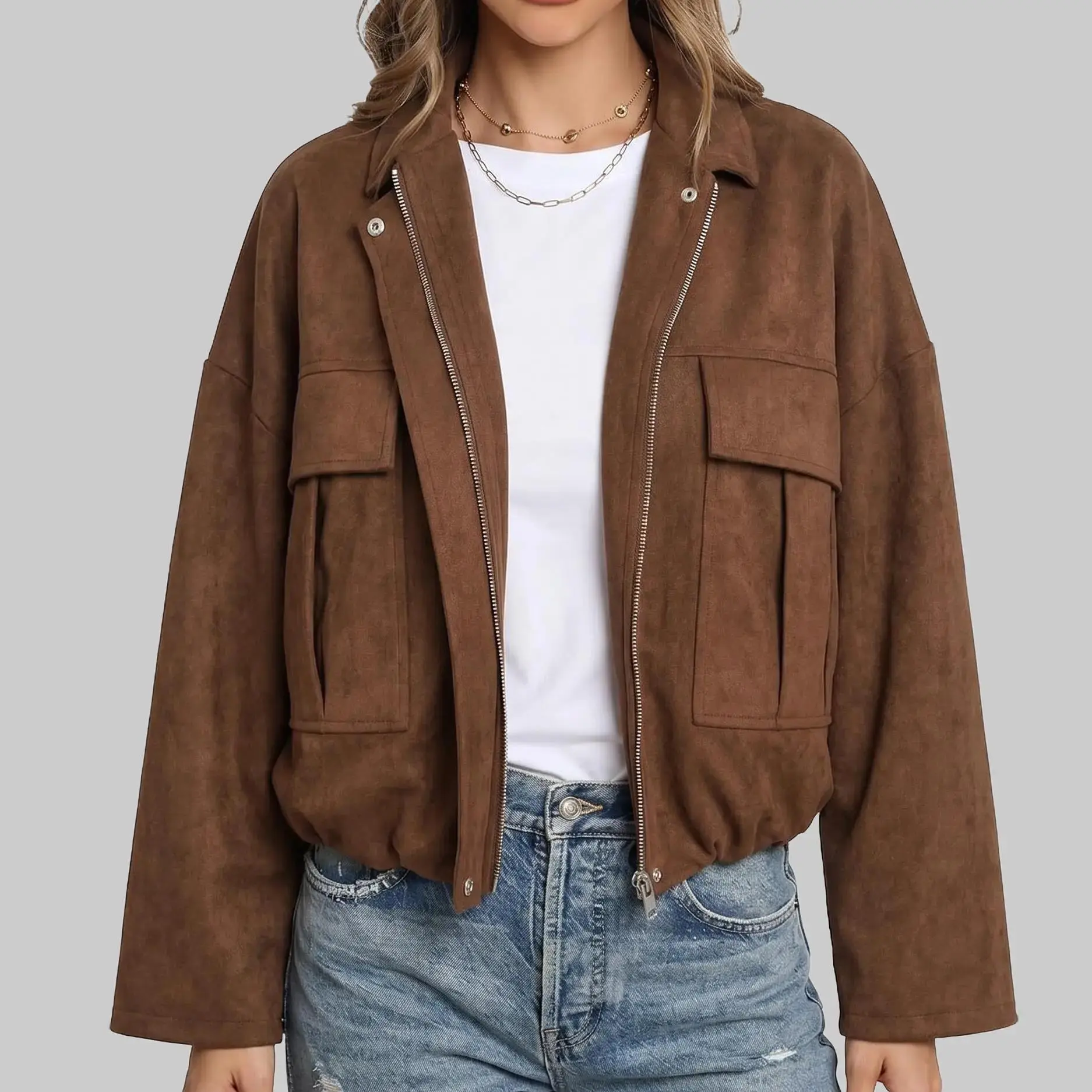 Women’s Faux Suede Bomber Jacket Chic Dark Brown Autumn Vintage Loose Batwing Sleeve Faux Suede Jacket Warm Winter Zip-Up Outerwear Minimalist Style Brown Suede Jacket with Two Front Pockets and Button Closure for Women