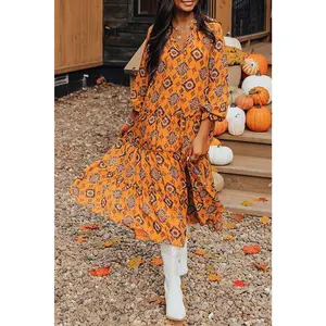 Orange Western Geometric Print Tiered Frilled Loose Fit Midi Dress
