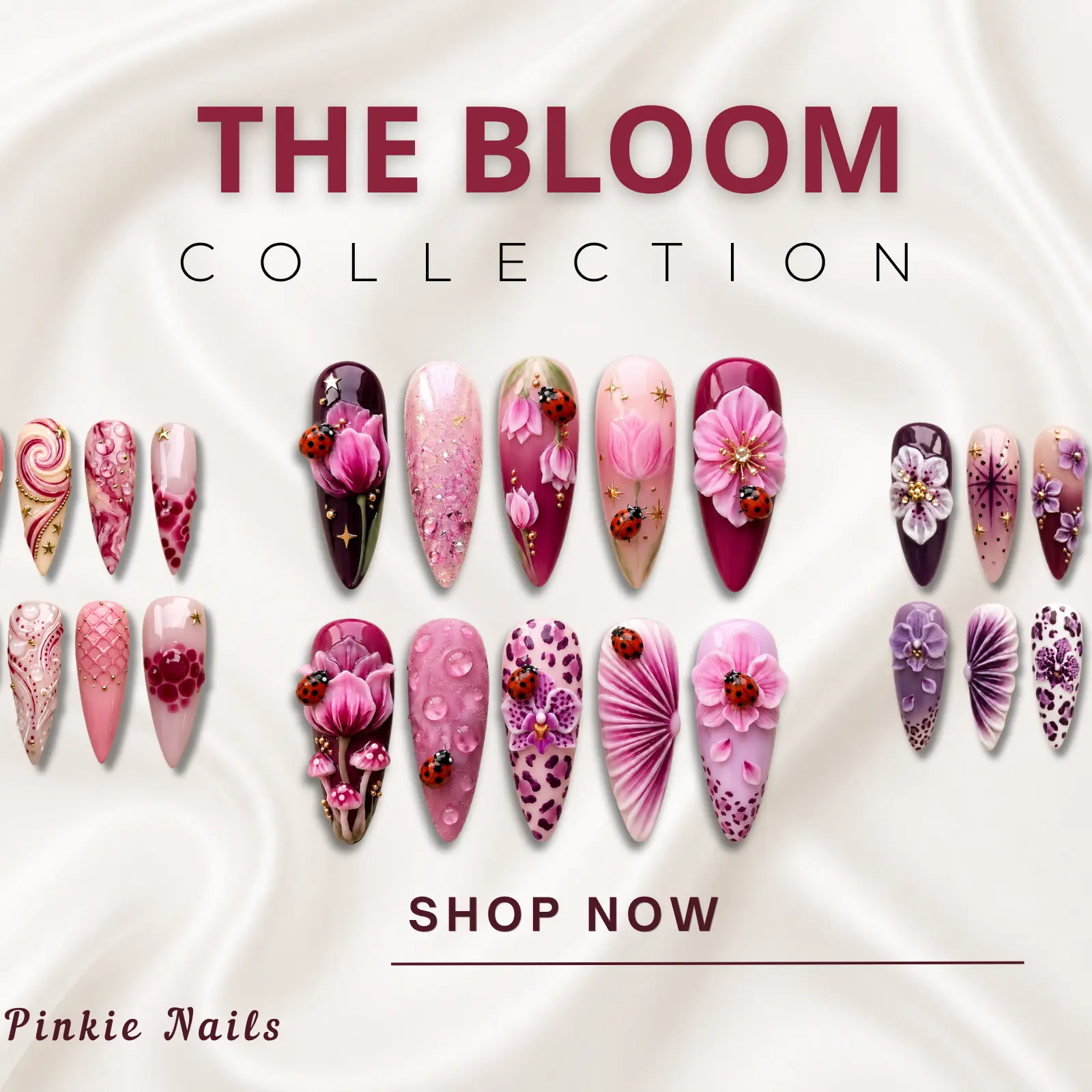 Pinkie Nails | The Bloom Luxury Collection | Luxury Handmade 3D Press-On Nails | Reusable • Salon-Quality • Long-Lasting Manicure Cutics