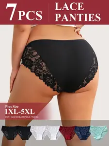 Breathable Plus Size Women‘s High Waisted Lace Underwear Panties - Tummy Control & No Roll Waistband, Fit Supportive for All-Day Wear 7 Pack (1XL-5XL)