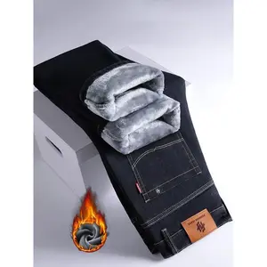 Men’s thickened winter fleece jeans — loose straight-leg high-waisted casual elastic denim pants, warm long trousers for fall and winter