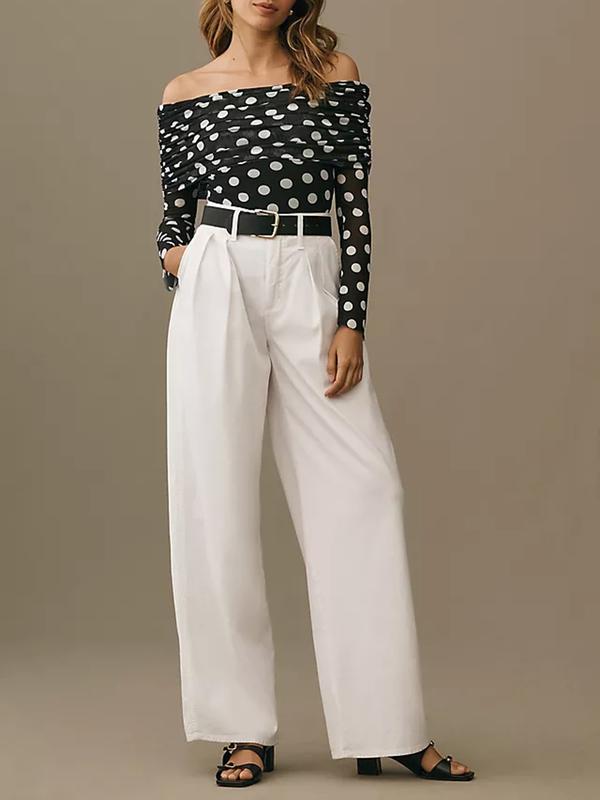 Women's Casual Polka Dot Print off Shoulder Short Top, Fitted Style, Moderate Fabric Thickness, All Seasons Wear