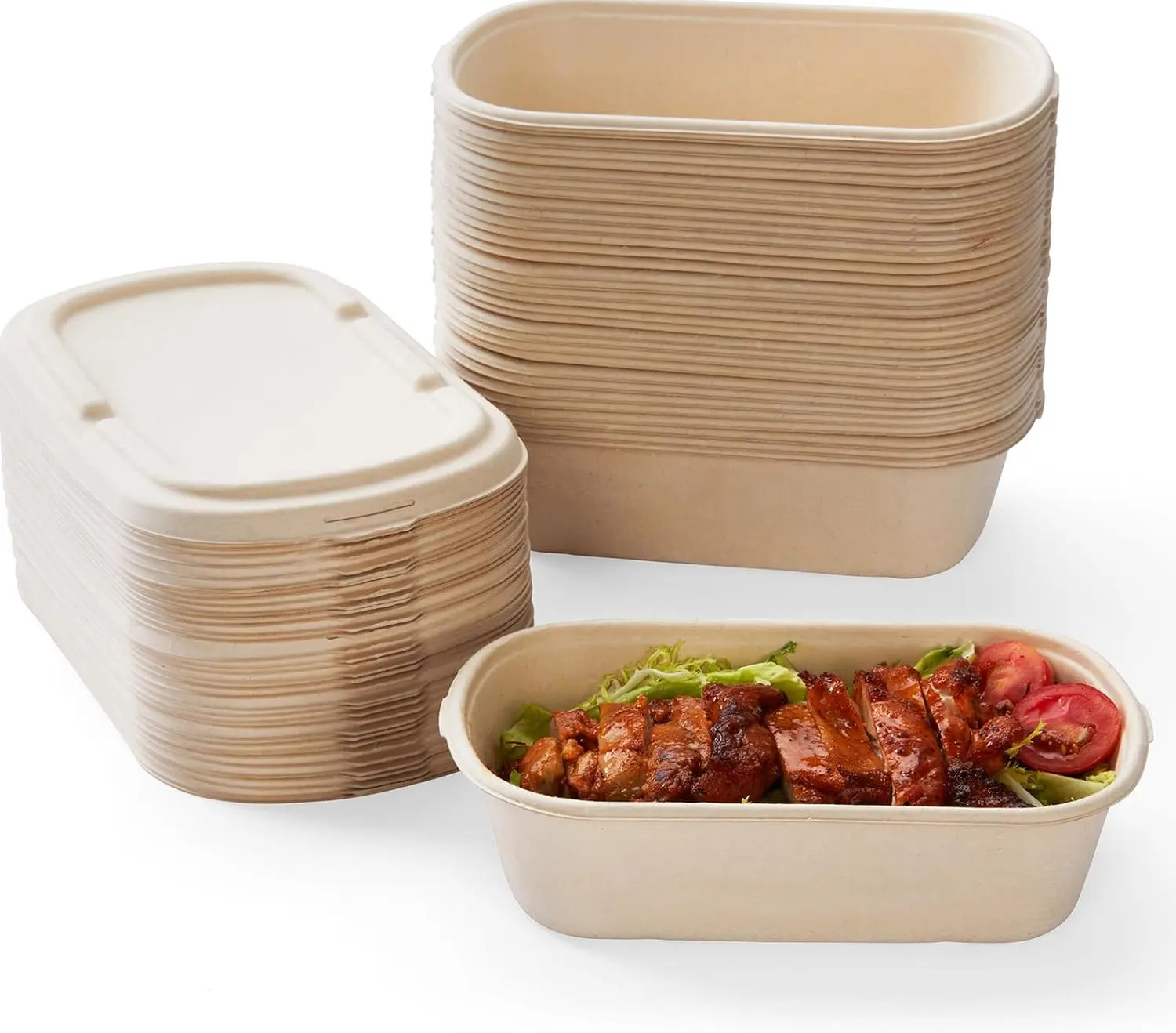 34oz Disposable Food Containers with Lids – Sugarcane Pulp Takeout Boxes, Microwave Safe Meal Prep Containers, Leak Resistant To-Go Food Boxes, 50 Pack