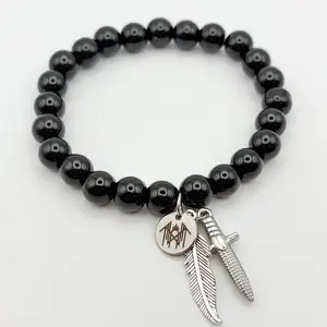 ST-Inspired Black Obsidian Bead Bracelet "Live by the Feather, Die by the Sword"