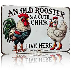 "An Old Rooster & A Cute Chick Live Here" Metal Sign 8x12" Aluminum Wall Decor - Retro Distressed Farm Home Decor for Chicken Coop & Farmhouse