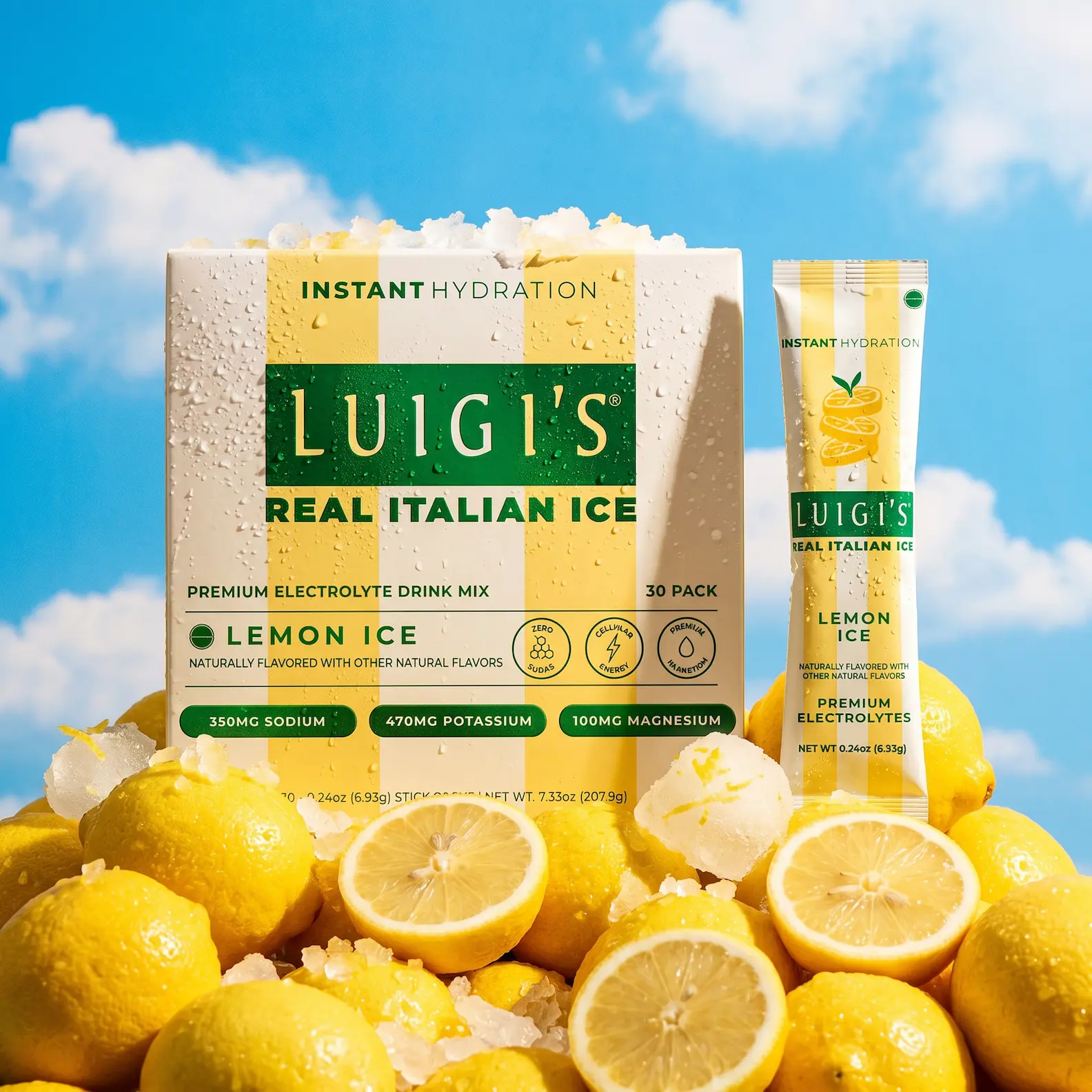 NEW Instant Hydration - LUIGI'S Lemon Italian ice -Daily Electrolyte Powder Stick, 30pk - Zero Sugar Drink Mix Packets, Electrolytes and Minerals, Magnesium, Potassium