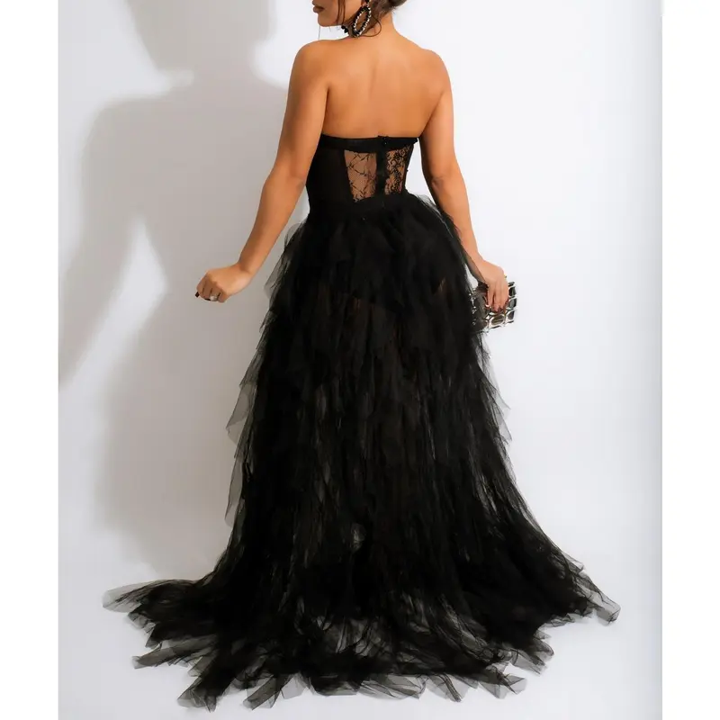 black lace trim midi dress Black Lace Tie Strap Sheer Trim Midi Dress main image 0