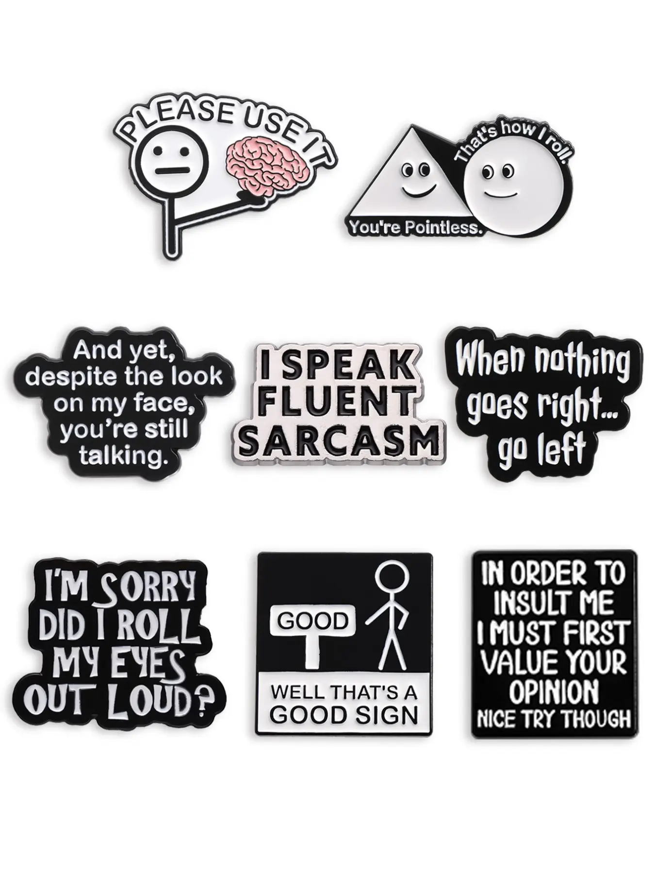 8-Piece Sarcastic Self-Deprecating Enamel Badge Set, Perfect for Collectible Pins, Badge Collectors, Office Humor, and Funny Gifts for Sarcasm Lovers, Pin Badge