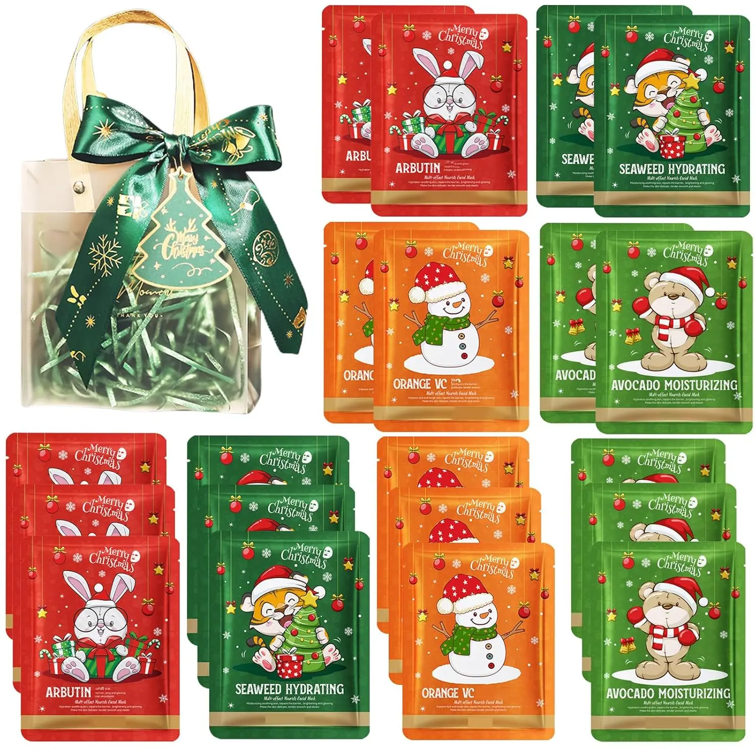 Women's Avocado Sheet Face Masks Multi-Pack - 20 Count with 1 Packaging Bag, Christmas Party Favors, Skin Care Spa Supplies, Face Covering Accessory Grooming Kit