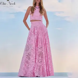 Women's 2 Piece Skirt Outfits Sleeveless O Neck Eyelet Tank Tops Long Flowy Skirt Set?（gift）