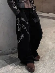 Avant-Garde "Opium Style" Baggy Trousers with Multi-Cross Embroidery - Gothic Dark Aesthetic Wide Leg Pants for Men & Women, Streetwear Floor-Length Oversized Cargo Alternative, Bottom