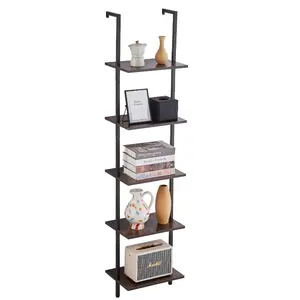 fathersdaygift VEVOR Ladder Shelf, 5-Tier Bookshelf 15.6x11.8in, Open Wall-Mounted Ladder Shelf with Metal Frame, Storage Rack Sundries Holder for Kitchen Bedroom Bathroom Living Room, Black