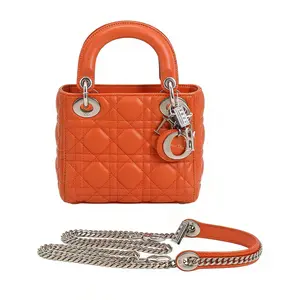 Pre-owned Dior Orange Silver Button Sheepskin Three Grid Diana Shoulder Bag 17*7*14cm th260411009