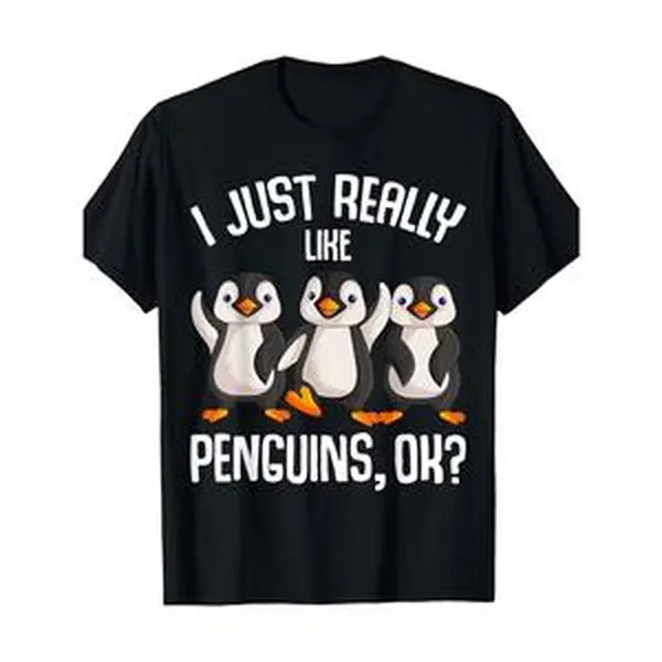 I Just Really Like Penguins Ok Cute Cartoon Three Penguins Graphic Cotton Oversized Comfort Black T-Shirt, Cute Fashion Arctic Animal Lover Casual Outfit, Perfect Valentine Gift For Penguin Fan Family Friends, Best Wildlife Bird Holiday Present For Him He