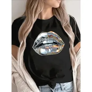 Lightweight And Durable Short-Sleeved T-Shirt with Metal Lip Design, Ideal for Wearing in Restaurants Or at Home for Leisure, Stylish Design, Daily Comfort