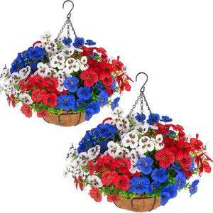 2 sets of artificial hanging pansy flower baskets, 24 synthetic patriotic silk pansies for outdoor use, suitable for porches, patios, gardens, and home decoration on July 4th (red, white, blue)