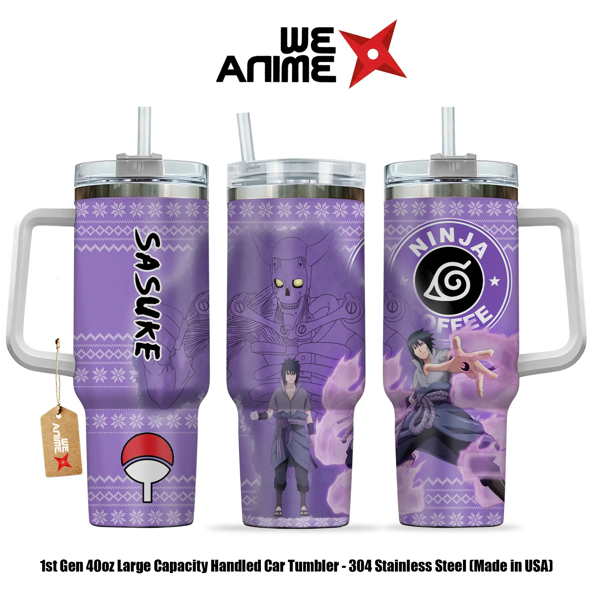 WEXANIME Sasuke Uchiha The Last Uchiha Personalized 20oz/40oz Stainless Steel Tumbler with Handle, Double-Wall Vacuum-Insulated Travel Mug, Leak-Resistant Coffee Cup, Reusable Drinkware, Gift for Naruto Fans
