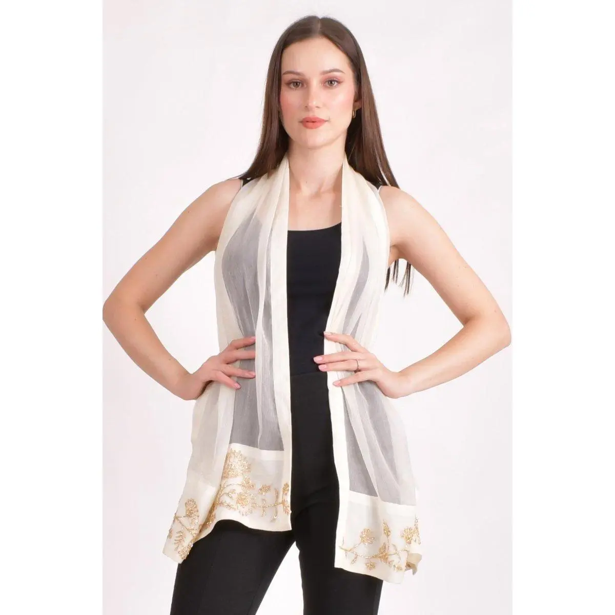 White Chiffon Hand-Embroidered Scarf