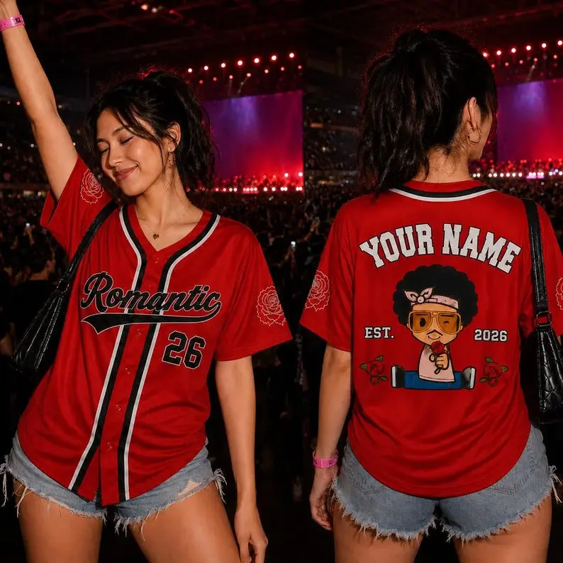 Romantic Concert Baseball Jersey, Custom Name Number Red Rose Jersey, Music Fan Button Down Shirt, Festival Outfit