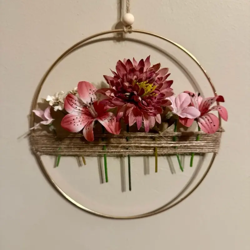 Wallflower Wreath Wall Art - Floral Design with Red and Pink Flowers, Circular Frame, Wall-Mounted Hanging Decor