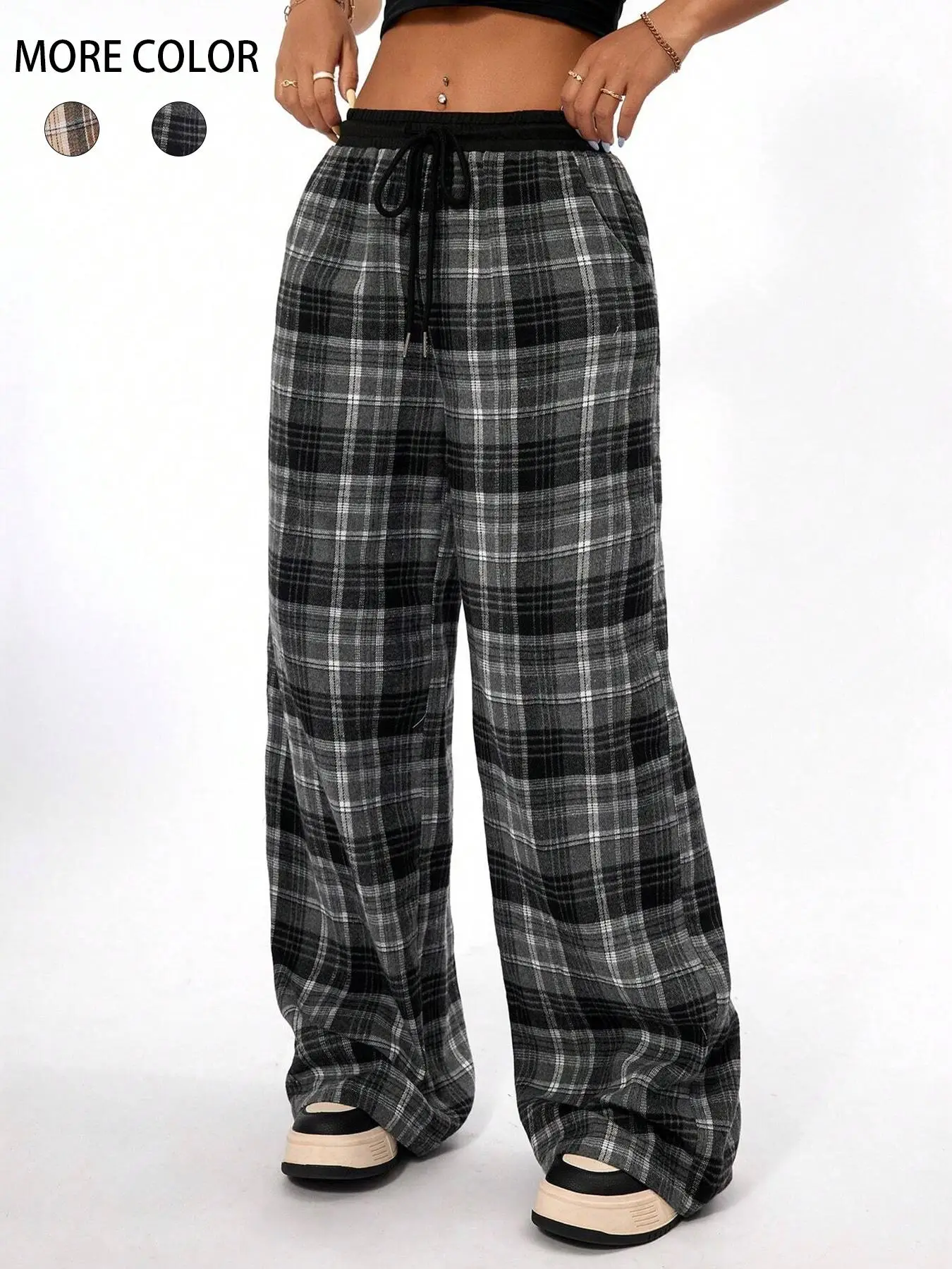 Women's Plaid Print Drawstring Waist Wide Leg Pants, Pants for Women, Going Out Bottoms, Casual Comfy Pocket Trousers for Spring & Fall, Women's Botto