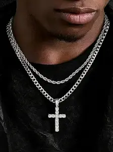 Unisex Cross Pendant Necklace Set, Adjustable Stainless Steel Cross Link Chain, 16-30 Inches, Perfect Gift for Women, Ideal for Valentine's Day, Easter, Graduation