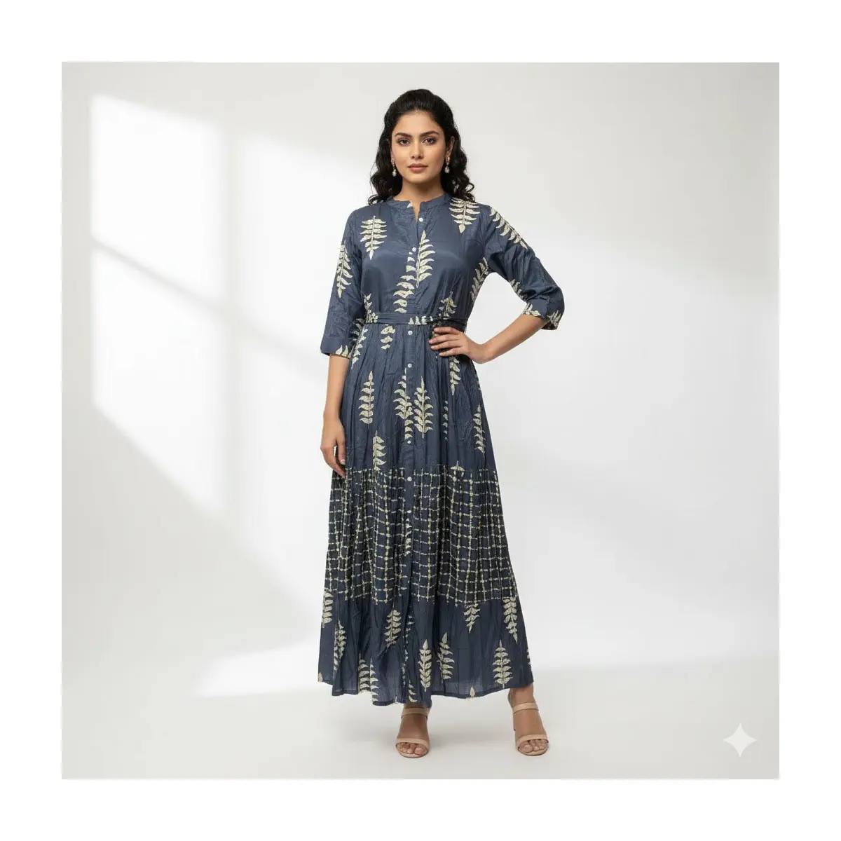 Navy Leaf-Print Button-Front Maxi Kurta Dress 3/4 Sleeve Waist Tie (Top-71) Medium/ XL Available
