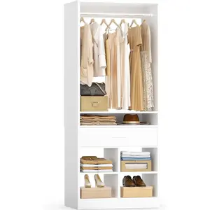 Unikito Freestanding Closet System with Wood Drawer and 4 Cubby Storage, Closet Organizer with Hanging Rods & Shelves, 25" W X 80" H Clothes Garment Rack, Walk in Closet Tower Wardrobe