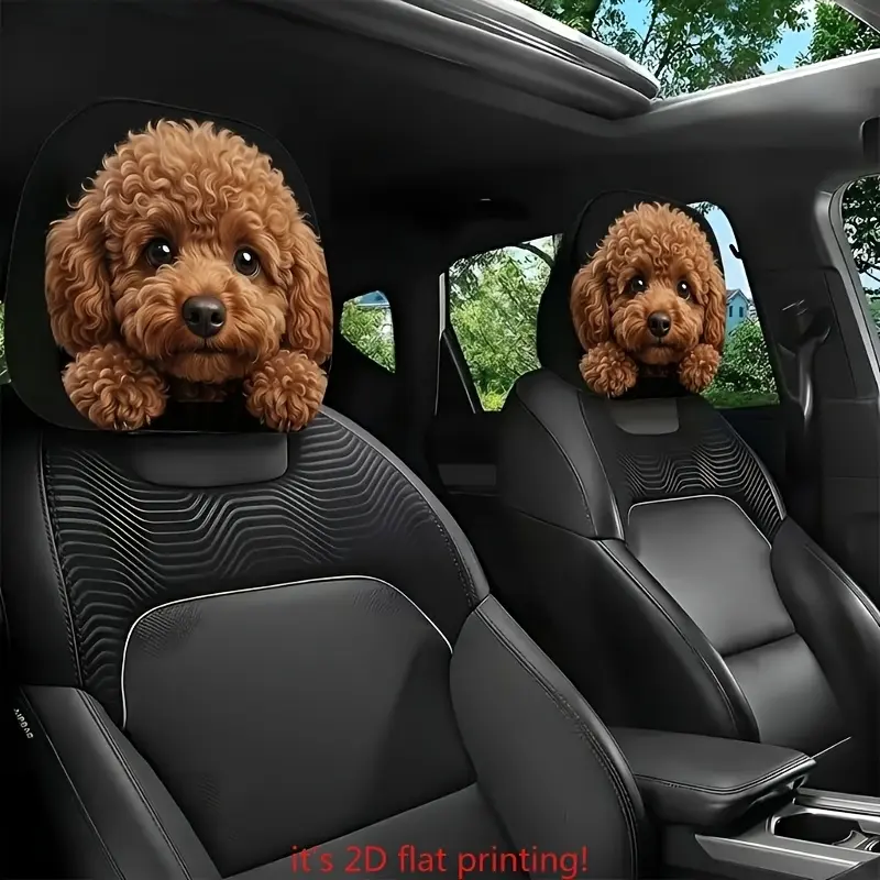 2pcs Giant Poodle Print Car Headrest Covers | No Padding, Easy Install & Wash | Funny Cute Decor for Travel, Daily Commute & Festival Auto Interior, All Seasons Ideal Car Accessories