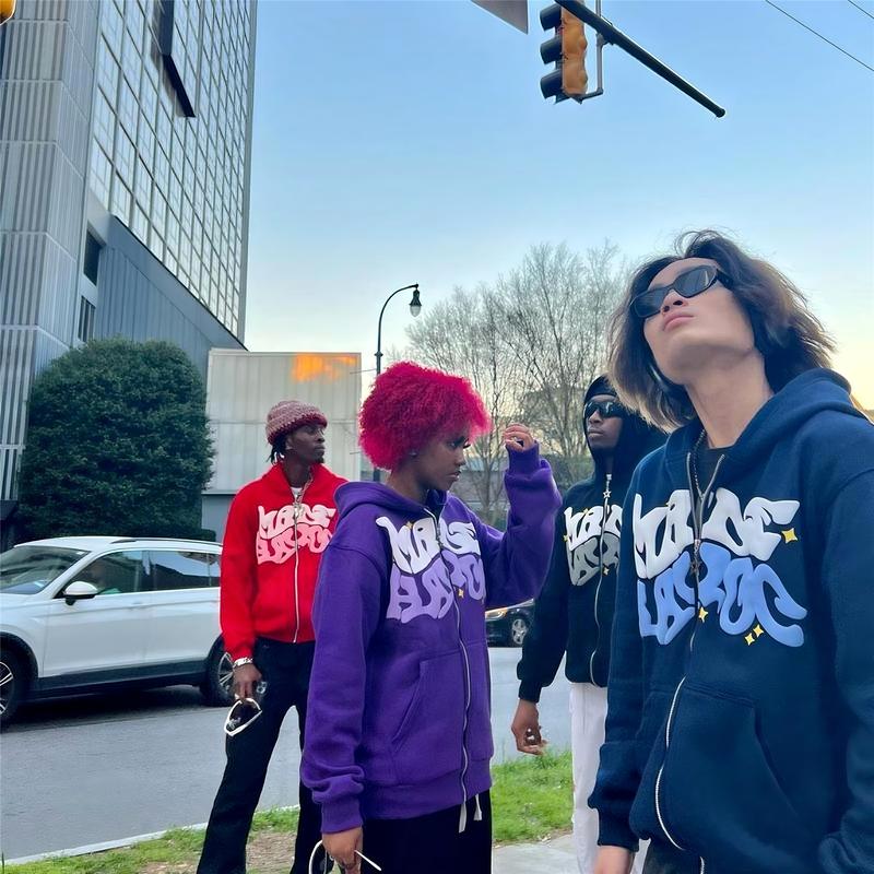 Unisex Zip Up Blue Grunge Hoodie, Puff Print - Oversized Loose Fit Streetwear Pullover Fathersday Giftaygift