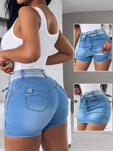 Light Blue Washed High Waist Tie Front Denim Mini Skirt Pants, Bodycon Butt Lift Half Skirt Pants, Summer Chic Versatile Style