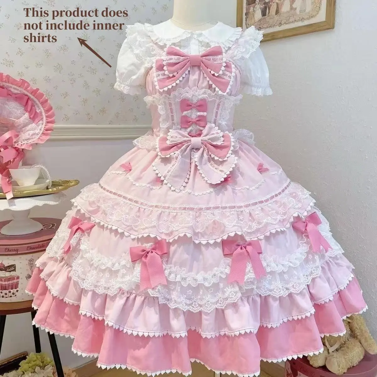 Women's 2-Piece Japanese Elegant Ruffle Lolita High-Waist Gowns Set - Shortsleeve Formal Wear with Lace Details, Bow Accents, 2026 Trendy Daily & Evening Party Outfits