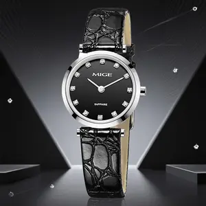 MIGE Women's Quartz Watch | Sleek Black Dial with Diamond - Studded Markers, Genuine Leather Strap & Sapphire Crystal | Chic & Timeless Accessory for Every Lady elegant round dial analog quartz fully automatic waterproof quartz watch