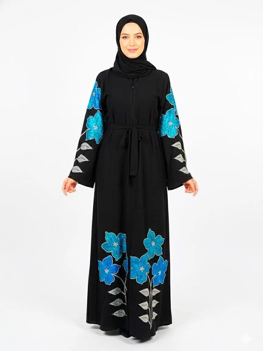 Abaya Blue Silver Flower Rhinestone Black Dress with Floral Embellishments  and Rhinestone Accents - TikTok Shop
