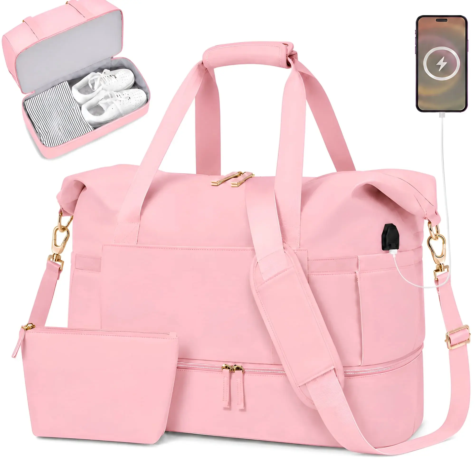 DAKIMOE Travel Duffle Bag Set for Women 2 Pack, Large Waterproof Weekender Overnight Carry on with Toiletry Bag/Usb Charging Port/Wet Pocket/Shoe Compartment, Gym Hospital Labor Delivery Duffel Tote
