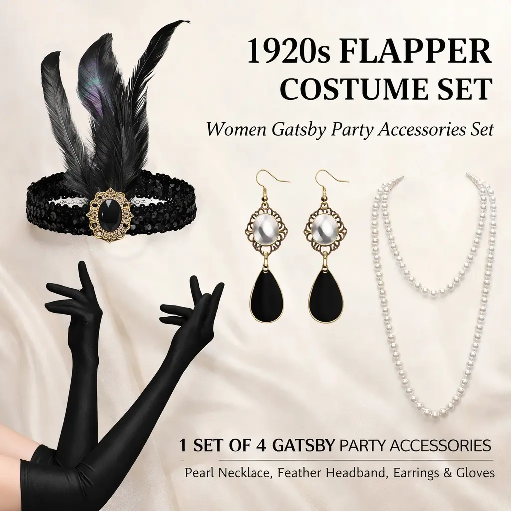 Women’s 1920s 4pcs Crystal Satin Flapper Set - Elastic, Stretchy Vintage Style Headband, Headpiece Costume Accessories with Elegance for Halloween, Evening Party