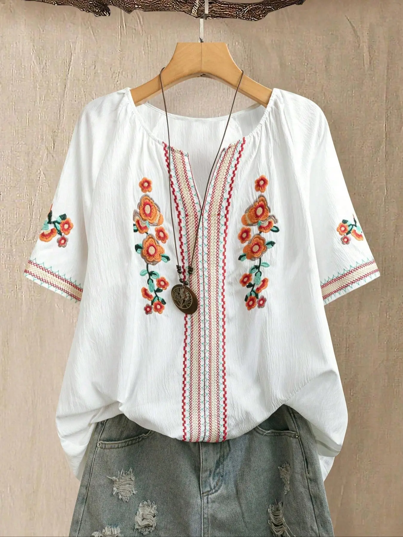 Plus Size Women's V Neck Boho Style Blouse Floral Ruffle Embroidered Woven Blouses Shirt, Casual Fashion Top with Embroidery, Unique Design, Comfortable Fit for Daily Wear