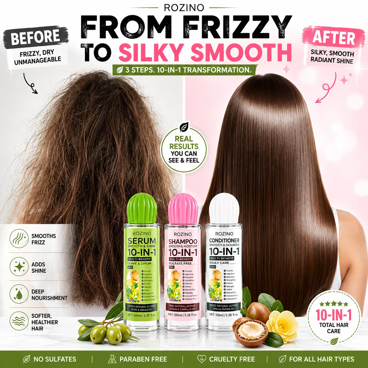 ROZINO 10-IN-1 Hair Care Set - Shampoo, Conditioner & Hair Serum 100ml x 3, Enriched with Plant Keratin, Biotin & Jojoba Oil, Smooth & Shiny Hair Care Routine for Women & All Hair Types Daily Frizz