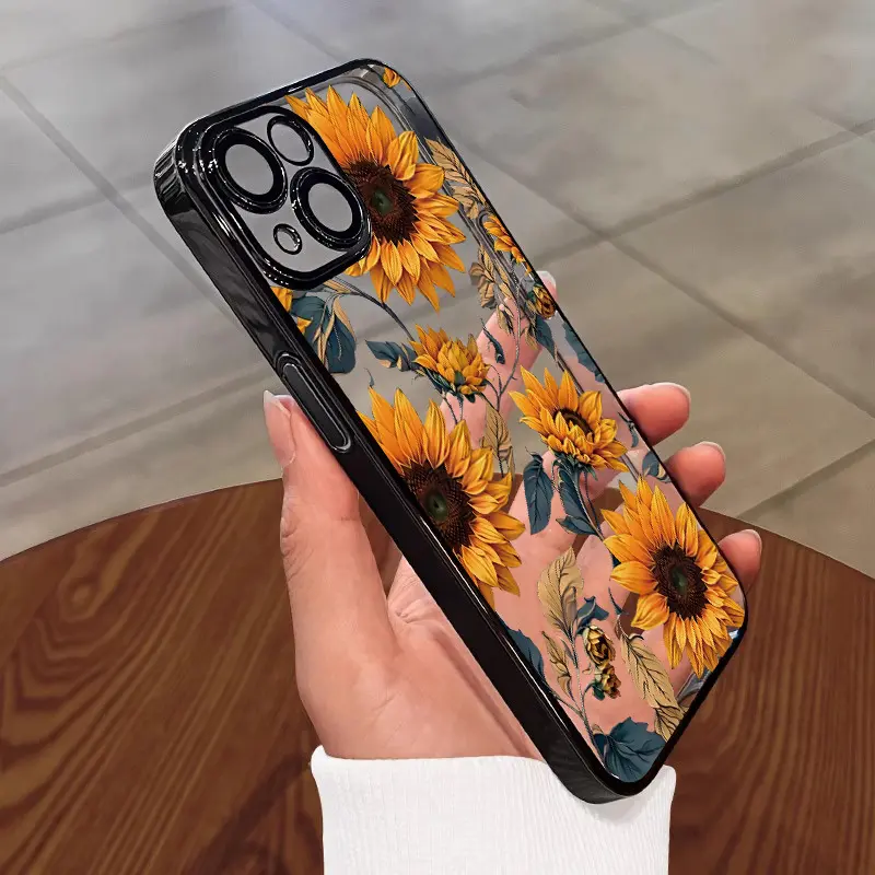 Sunflower Pattern Transparent Soft TPU Electroplating Phone Case, iPhone 16/15/14/13/12/11 Pro/Pro Max/Plus Casing with Camera Protection, Ideal Gift Mobile Phone Accessories Cover, Smartphone